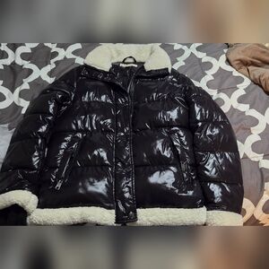 Michael Kors Shiny Black Puffer Jacket with Cream Trim